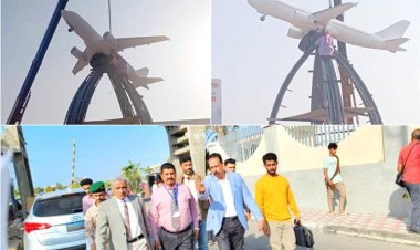 قطاع الأشغال يشرف على تركيب مجسم طائرة في واجهة مطار عدن الدولي