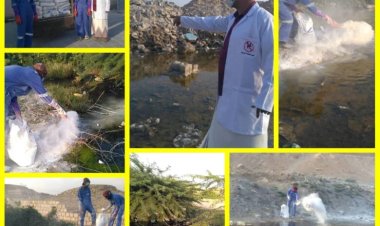 مكتب الصحة والسكان بمديرية غيل باوزير يدشّن حملة رش مادة الجير للقضاء على يرقات البعوض