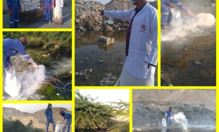 مكتب الصحة والسكان بمديرية غيل باوزير يدشّن حملة رش مادة الجير للقضاء على يرقات البعوض