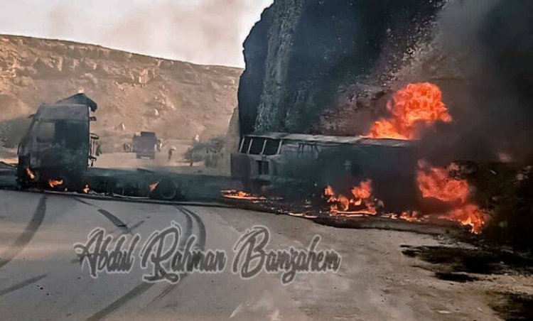 احتراق قاطرة محملة بالوقود على الخط الدولي في بروم ميفع.