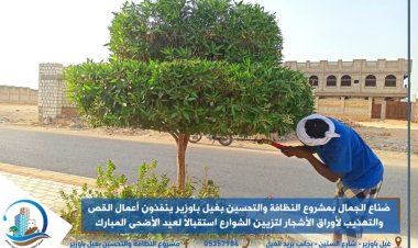 صُناع الجمال بمشروع النظافة والتحسين بغيل باوزير ينفذون أعمال القص والتهذيب لأوراق الأشجار لتزيين الشوارع استقبالاً لعيد الأضحى المبارك