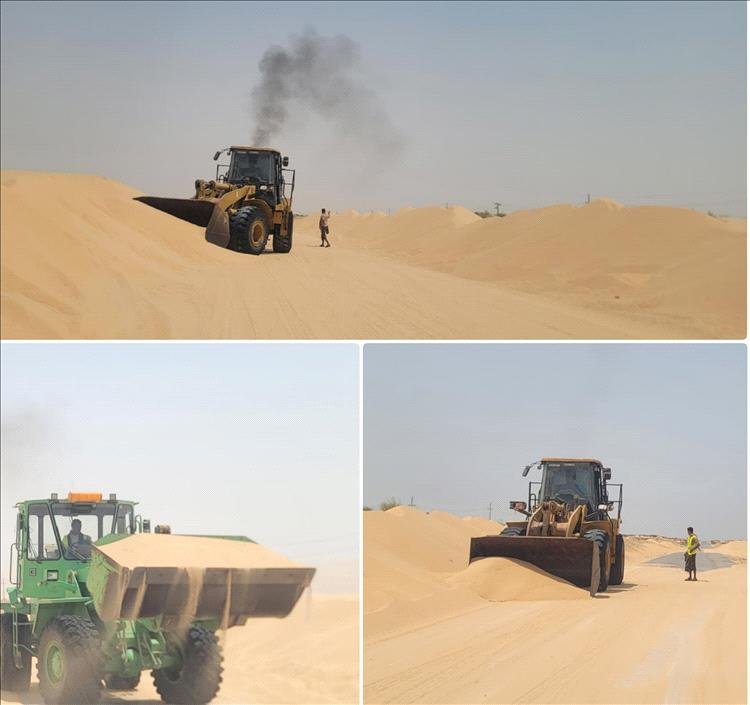 تدشين أعمال إزالة الرمال المتحركة من الخط الدولي بمنطقة النشيمة بمديرية رضوم