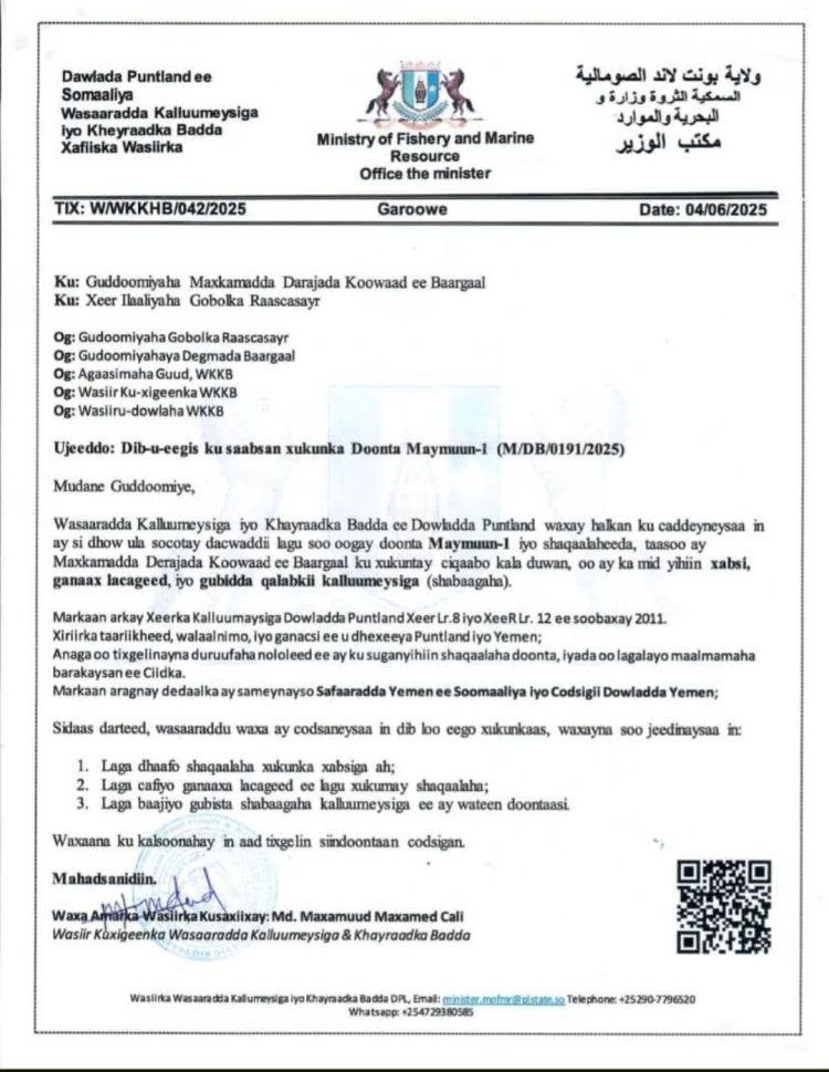 مكتب الخارجية بحضرموت ينشر ( وثيقة ) حكم الإفراج عن الصيادين اليمنيين المحتجزين بولاية بوتنلاد الصومالية وإسقاط الغرامة المالية عنهم واستعادة ممتلكاتهم الخاصة