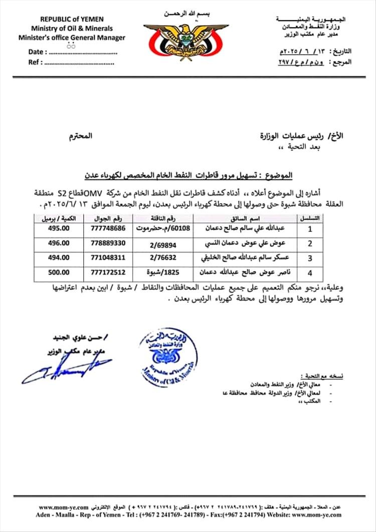 زيادة تموين كهرباء عدن بالنفط إلى 12 مقطورة يوميًا بجهود وزارة النفط والمعادن