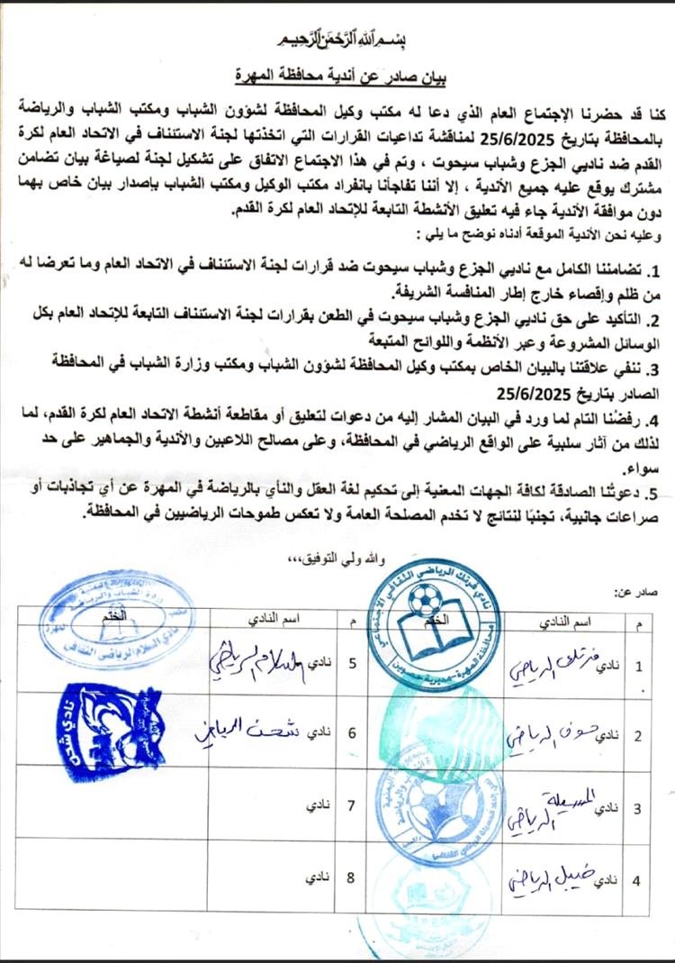 أندية محافظة المهرة تصدر بيانًا مشتركًا