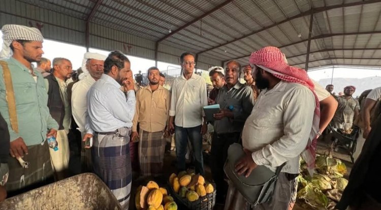 مدير عام مكتب وزارة الزراعة والري بوادي حضرموت ومدير التسويق بوزارة الزراعة في زيارة ميدانية للسوق المركزي للخضروات والفواكه بسيئون