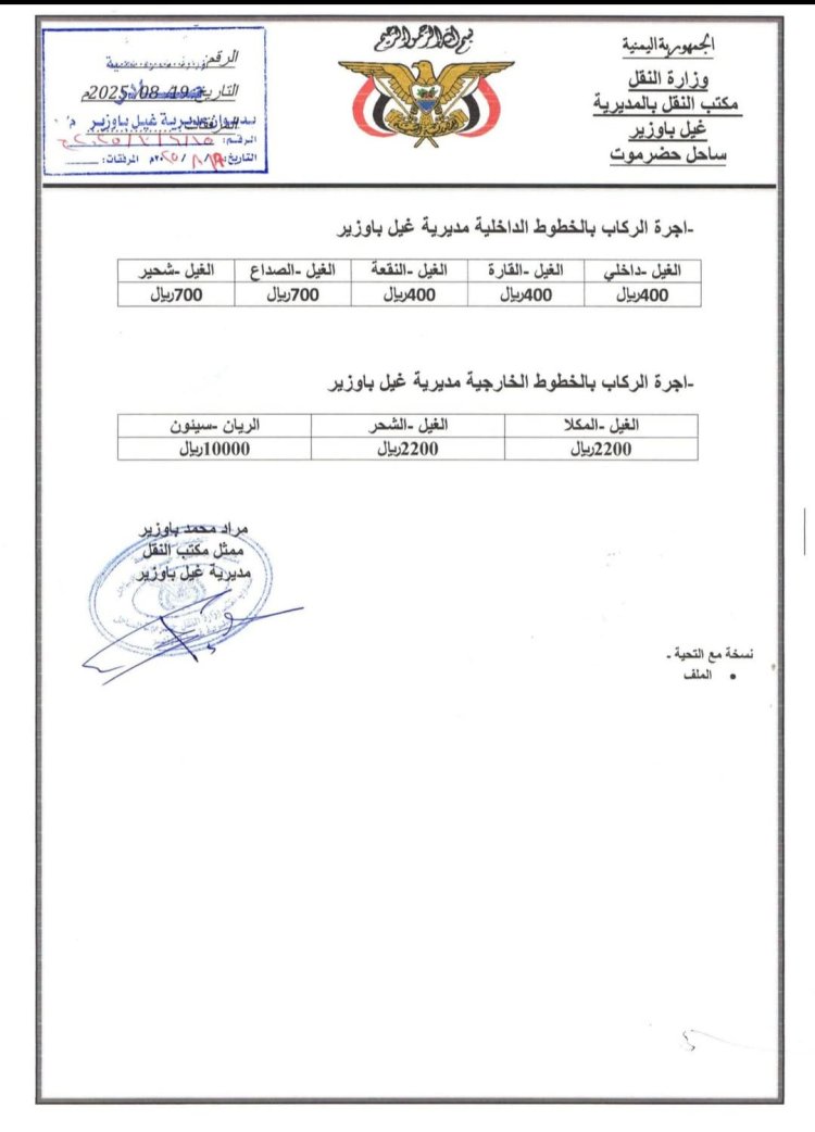 مكتب النقل بمديرية غيل باوزير يحدد تسعيرة جديدة لأجور الركاب